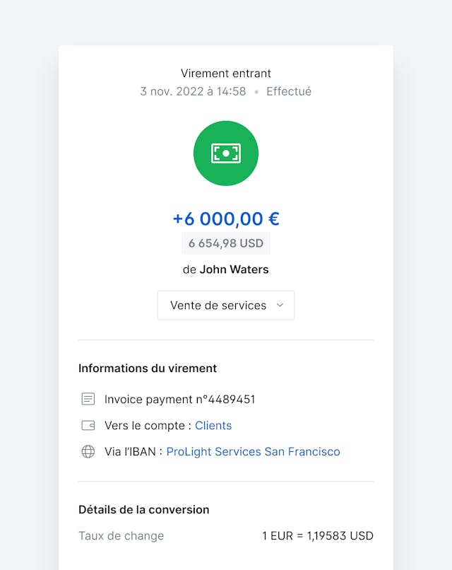 Interface détaillant les informations d'un virement entrant en devise, et sa conversion.